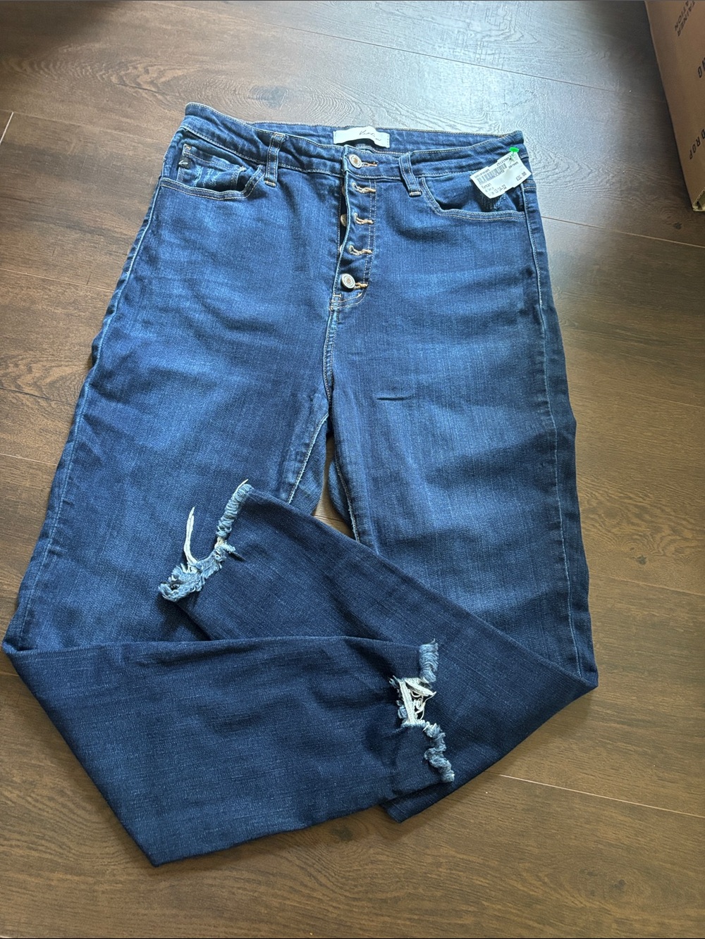 KanCan Dark Blue High-Rise Distressed Button-Fly Jeans
